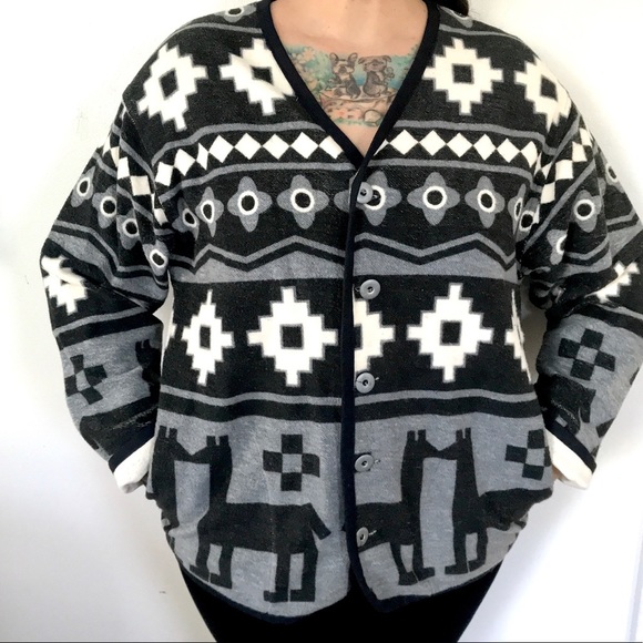 Vintage 1980’s Esprit southwestern grey black & white Aztec blanket coat jacket - Picture 2 of 12